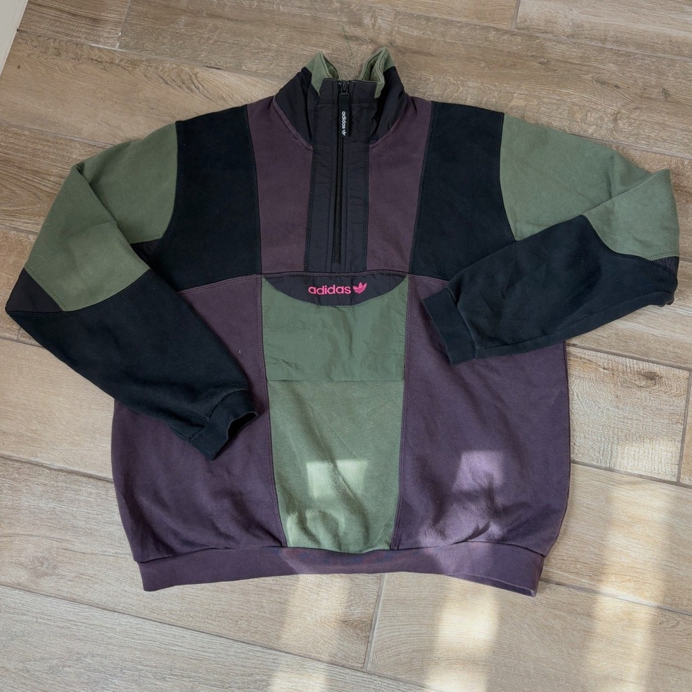Adidas Colorblock Half Zip Pullover Sweatshirt Men Green Purple Black